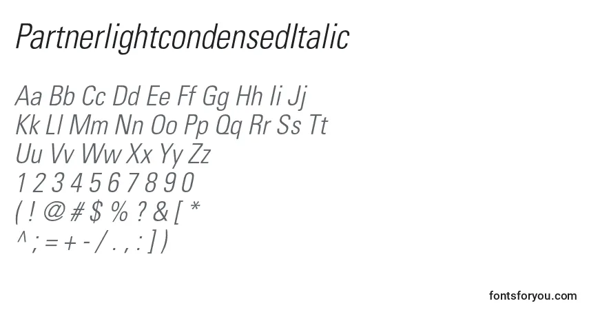 characters of partnerlightcondenseditalic font, letter of partnerlightcondenseditalic font, alphabet of  partnerlightcondenseditalic font
