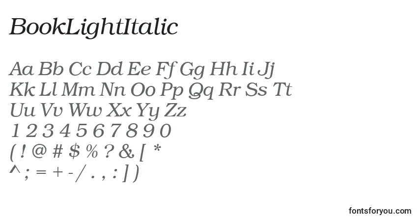 Czcionka BookLightItalic – alfabet, cyfry, specjalne znaki