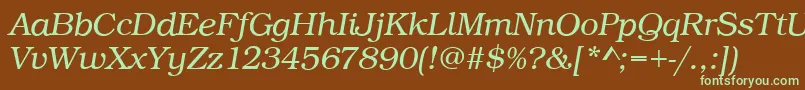 フォントBookLightItalic – 緑色の文字が茶色の背景にあります。