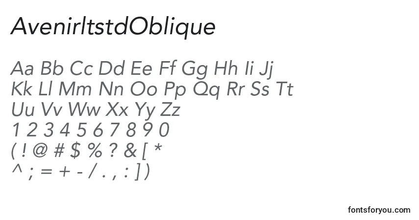 Czcionka AvenirltstdOblique – alfabet, cyfry, specjalne znaki