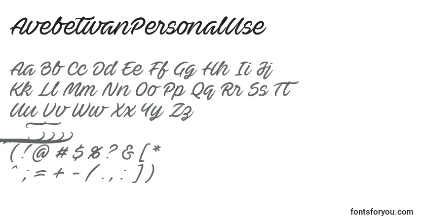 Czcionka AvebetwanPersonalUse – alfabet, cyfry, specjalne znaki