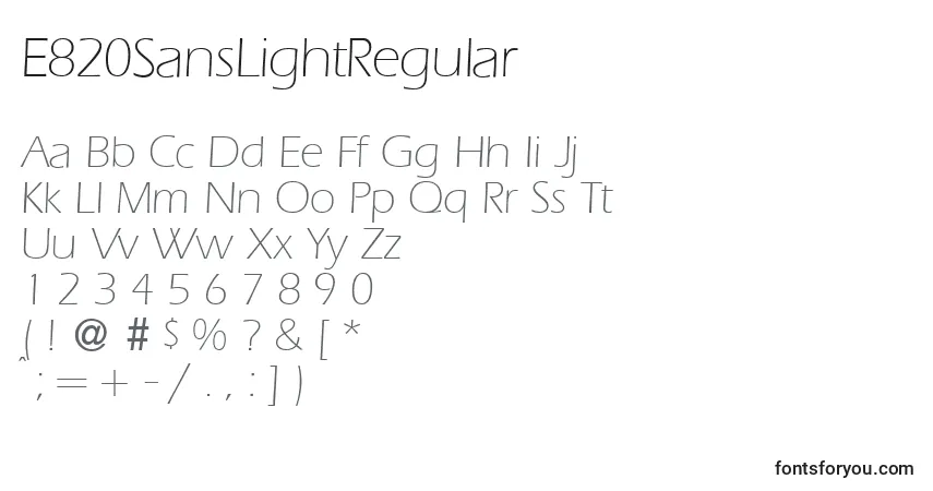 Czcionka E820SansLightRegular – alfabet, cyfry, specjalne znaki