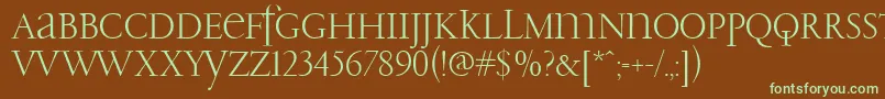 フォントPfgaramondClassicUnicase – 緑色の文字が茶色の背景にあります。
