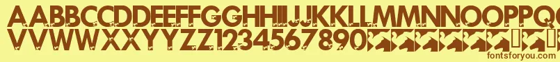 フォントLmsPoliticalPrint – 茶色の文字が黄色の背景にあります。