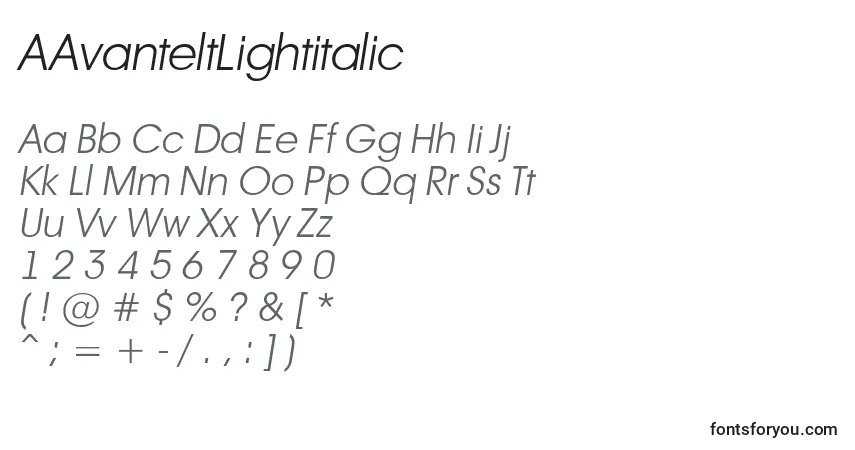 Czcionka AAvanteltLightitalic – alfabet, cyfry, specjalne znaki