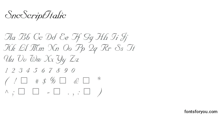 SncScriptItalic-fontti – aakkoset, numerot, erikoismerkit
