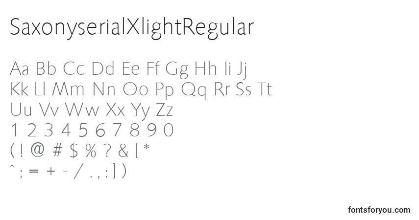 A fonte SaxonyserialXlightRegular – alfabeto, números, caracteres especiais