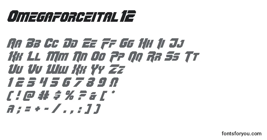 Czcionka Omegaforceital12 – alfabet, cyfry, specjalne znaki