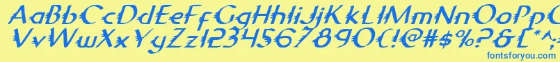 フォントGypsyroadi – 青い文字が黄色の背景にあります。