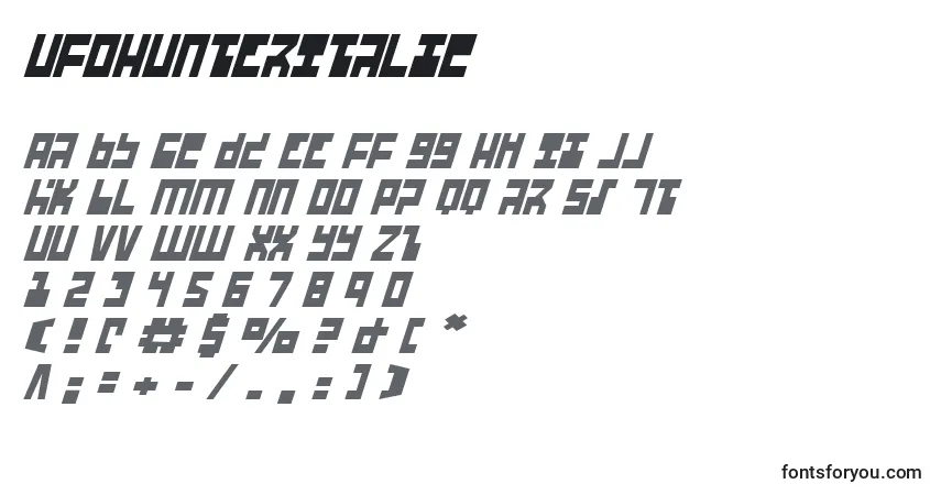 Шрифт UfoHunterItalic – алфавит, цифры, специальные символы