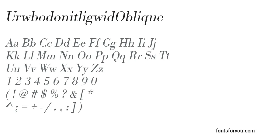 A fonte UrwbodonitligwidOblique – alfabeto, números, caracteres especiais