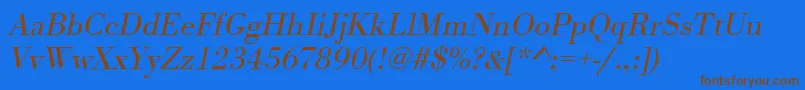 フォントUrwbodonitligwidOblique – 茶色の文字が青い背景にあります。