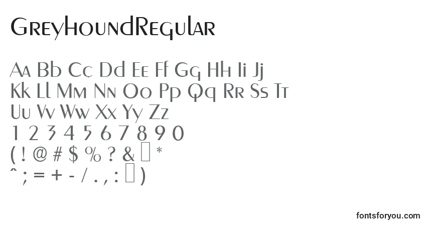 Czcionka GreyhoundRegular – alfabet, cyfry, specjalne znaki