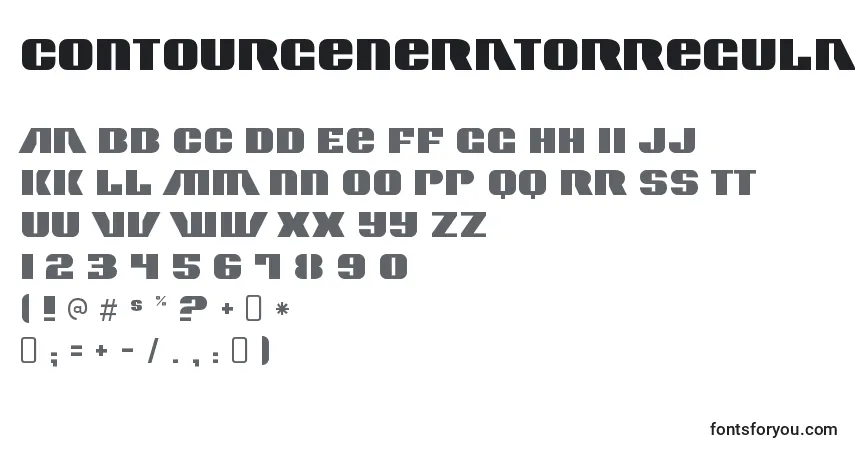 Czcionka ContourgeneratorRegular – alfabet, cyfry, specjalne znaki