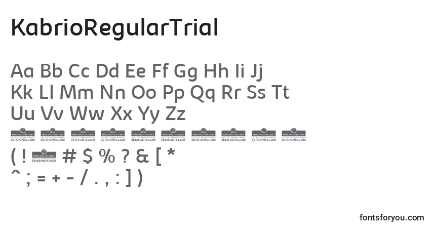 Czcionka KabrioRegularTrial – alfabet, cyfry, specjalne znaki
