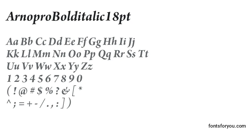 A fonte ArnoproBolditalic18pt – alfabeto, números, caracteres especiais