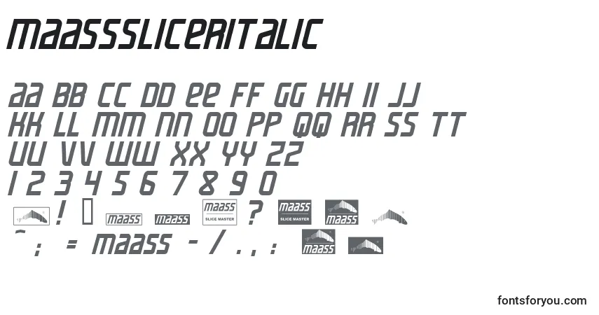 Czcionka MaassSlicerItalic – alfabet, cyfry, specjalne znaki
