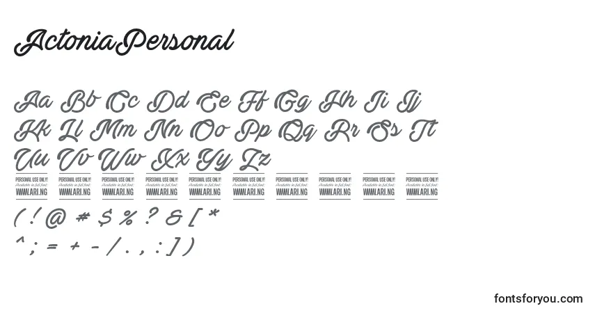 ActoniaPersonal-fontti – aakkoset, numerot, erikoismerkit