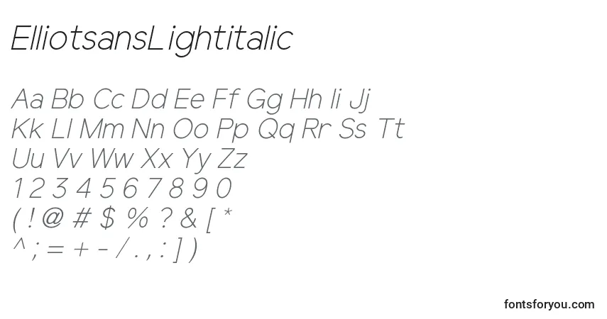 Шрифт ElliotsansLightitalic – алфавит, цифры, специальные символы