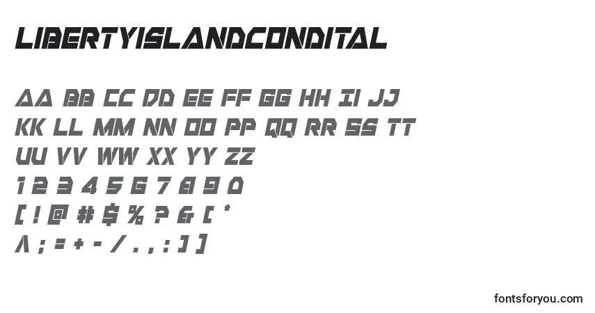 Schriftart Libertyislandcondital – Alphabet, Zahlen, spezielle Symbole