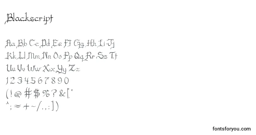 Czcionka Blackscript – alfabet, cyfry, specjalne znaki