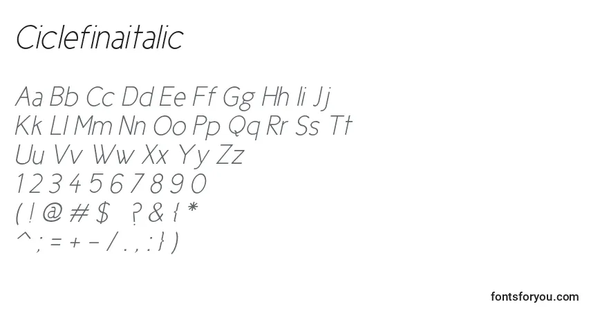 Шрифт Ciclefinaitalic – алфавит, цифры, специальные символы
