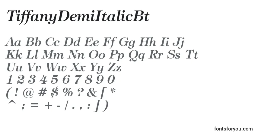 Шрифт TiffanyDemiItalicBt – алфавит, цифры, специальные символы