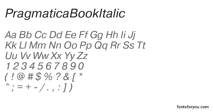 Schriftart PragmaticaBookItalic – Alphabet, Zahlen, spezielle Symbole