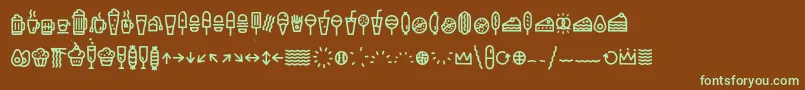 フォントEscalopeCrustThreeIcons – 緑色の文字が茶色の背景にあります。