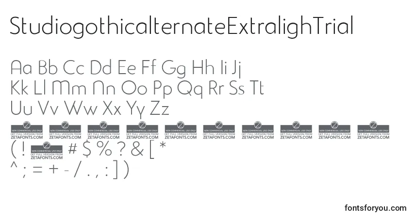 Czcionka StudiogothicalternateExtralighTrial – alfabet, cyfry, specjalne znaki