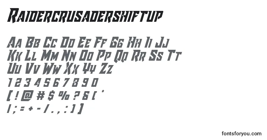 Czcionka Raidercrusadershiftup – alfabet, cyfry, specjalne znaki