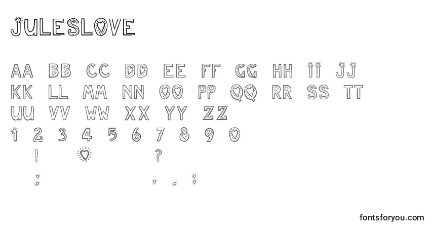 A fonte Juleslove – alfabeto, números, caracteres especiais