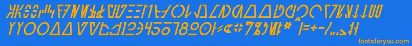 AurebeshCantinaItalic-Schriftart – Orangefarbene Schriften auf blauem Hintergrund