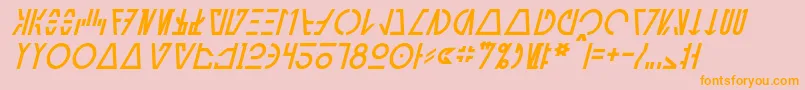 AurebeshCantinaItalic-Schriftart – Orangefarbene Schriften auf rosa Hintergrund