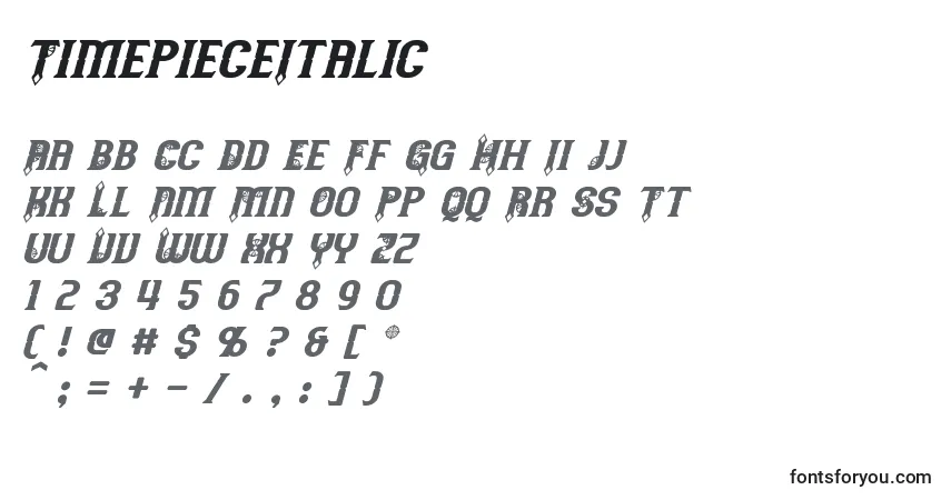 Шрифт TimepieceItalic – алфавит, цифры, специальные символы