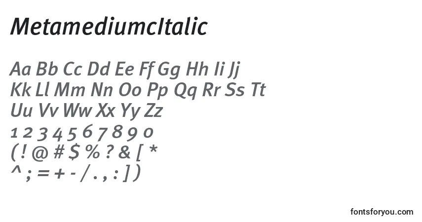 Шрифт MetamediumcItalic – алфавит, цифры, специальные символы