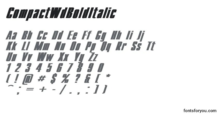 Czcionka CompactWdBoldItalic – alfabet, cyfry, specjalne znaki