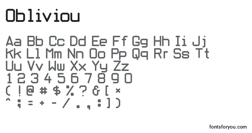 A fonte Obliviou – alfabeto, números, caracteres especiais
