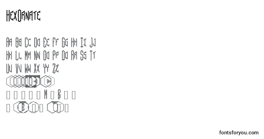 A fonte HexOrnate (101400) – alfabeto, números, caracteres especiais