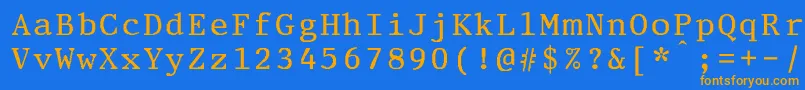 フォントPrestigeeliteboldBold – オレンジ色の文字が青い背景にあります。