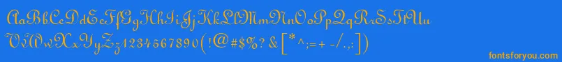 フォントLirusstygra – オレンジ色の文字が青い背景にあります。