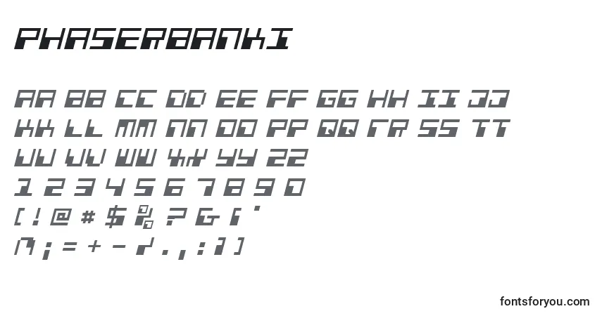 Phaserbanki-fontti – aakkoset, numerot, erikoismerkit