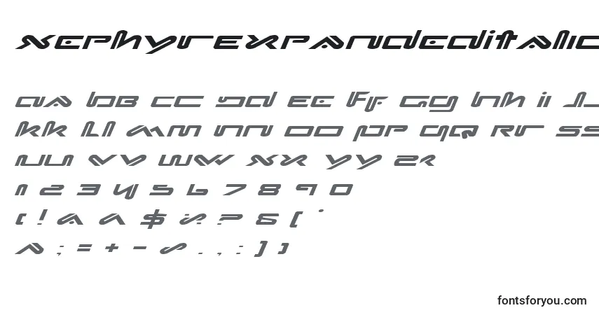 A fonte XephyrExpandedItalic – alfabeto, números, caracteres especiais
