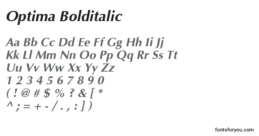 Schriftart Optima Bolditalic – Alphabet, Zahlen, spezielle Symbole