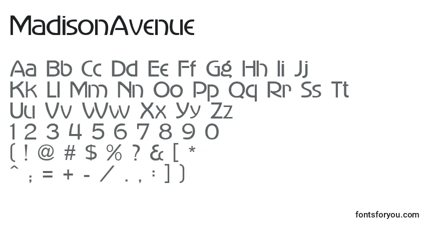A fonte MadisonAvenue – alfabeto, números, caracteres especiais