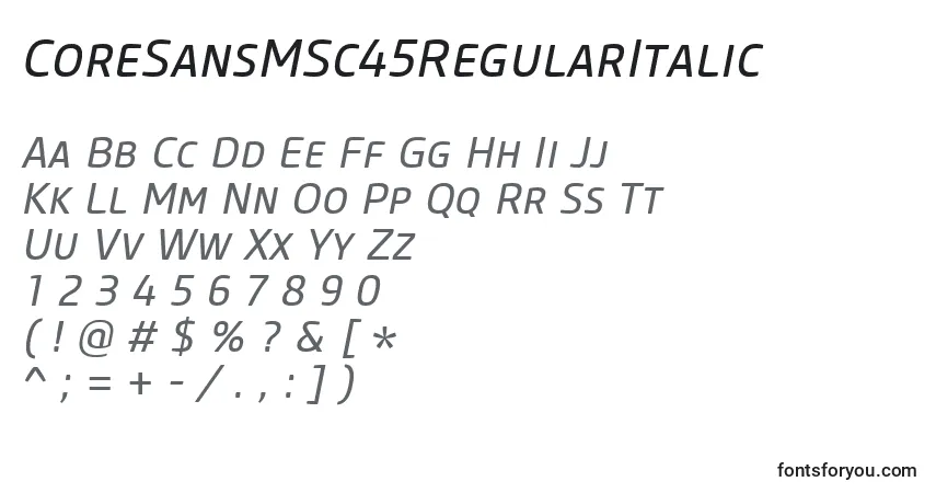 A fonte CoreSansMSc45RegularItalic – alfabeto, números, caracteres especiais