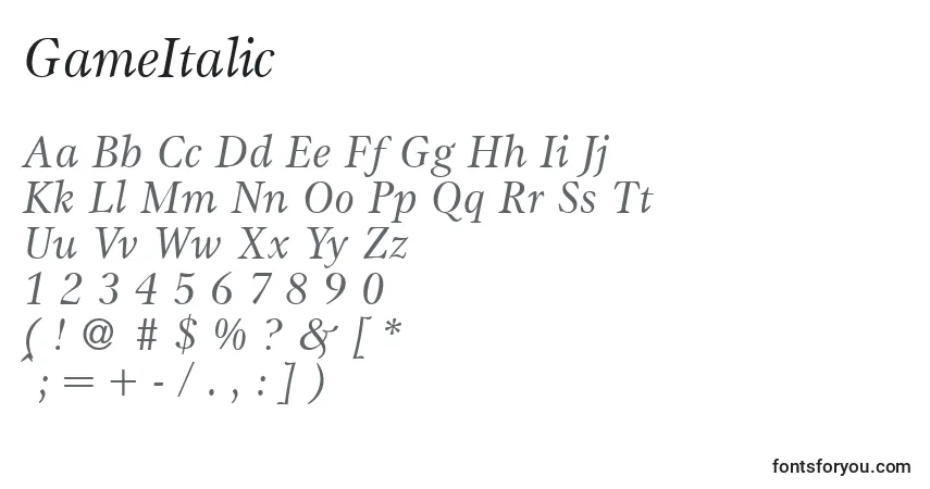 Schriftart GameItalic – Alphabet, Zahlen, spezielle Symbole
