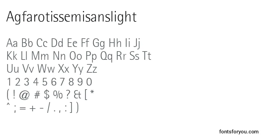 Czcionka Agfarotissemisanslight – alfabet, cyfry, specjalne znaki