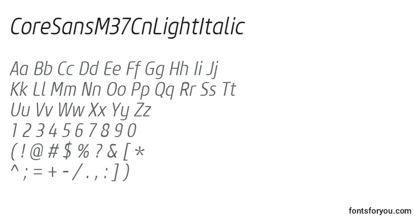 Czcionka CoreSansM37CnLightItalic – alfabet, cyfry, specjalne znaki