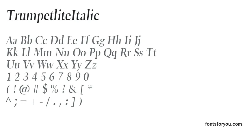 A fonte TrumpetliteItalic – alfabeto, números, caracteres especiais